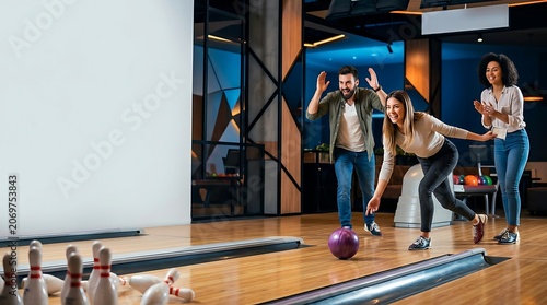 Happy friends playing bowling together at an entertainment center