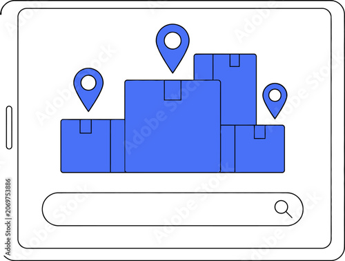 Digital delivery tracking with location pins on boxes for web banner social media banner business presentation marketing meterial.
