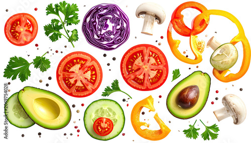 Fresh vegetable slices, vibrant colors, and peppercorns on a dark backdrop