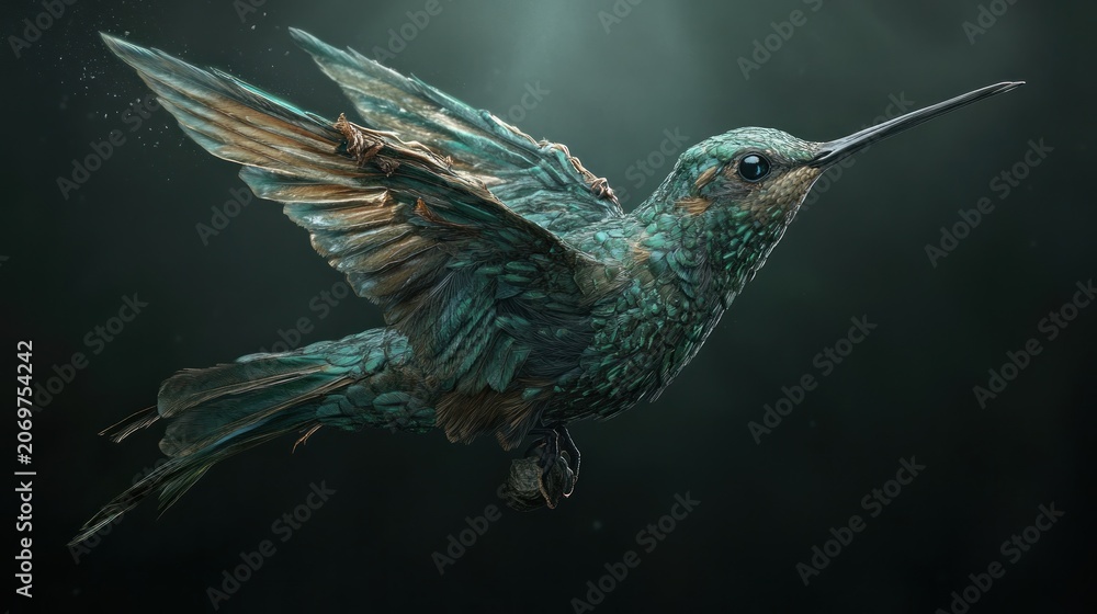 Fototapeta premium Feathered, mechanical hummingbird in flight