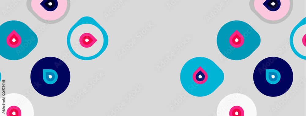Fototapeta premium Abstract pattern features colorful eyes, circles, teardrops. Soft gray background provides neutral canvas. Simple shapes create playful design.