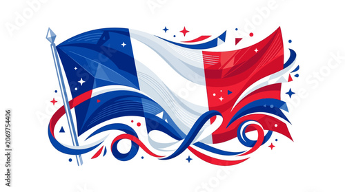 Dynamic french tricolor flag with festive ribbons and stars