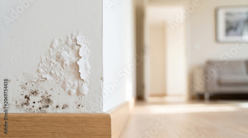 Mold and peeling paint on an interior wall caused by dampness and water damage in a residential home