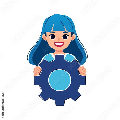 Girl holding large gear illustration