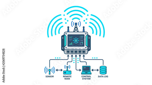 Foto IoT device with sensors, remote node, laptop, and data log, transmitting wireless signals