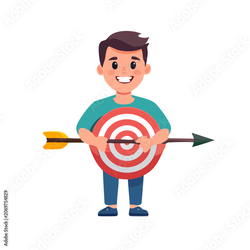Happy man holding target with arrow in bullseye