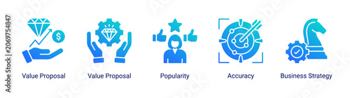Obraz na płótnie Business value icon set featuring value proposition,strategy,popularity and accuracy concepts for marketing,branding and business development projects