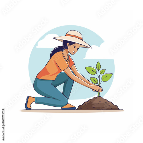 Woman planting a small tree in the soil