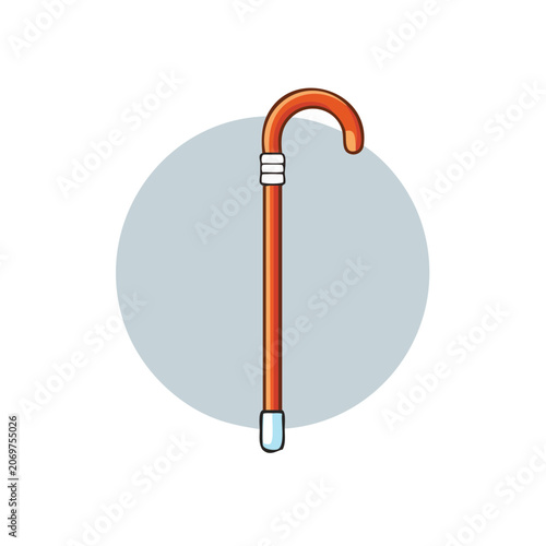 Wooden cane with curved handle vector illustration