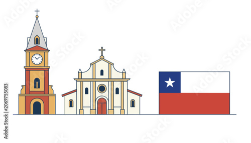 National travel poster for chile displaying traditional church architecture a historic clock tower and the flag.