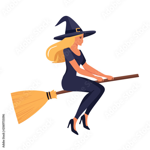 Cartoon witch flying on broomstick vector illustration