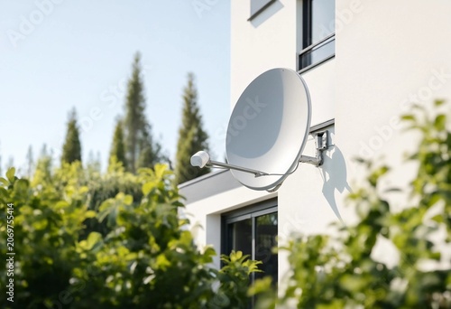 Modern satellite television dish installed on a country house exterior wall providing clear digital signal reception, communication connectivity, broadcasting, and reliable home entertainment system