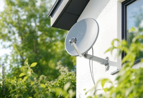 Modern satellite television dish installed on a country house exterior wall providing clear digital signal reception, communication connectivity, broadcasting, and reliable home entertainment system