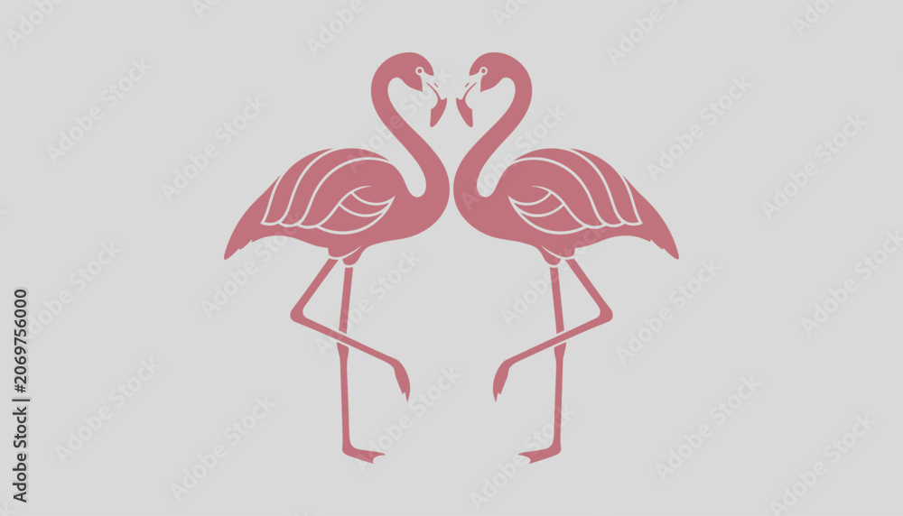 Obraz premium Two elegant pink flamingos facing each other in symmetry on a clean grey background forming a heart shape.