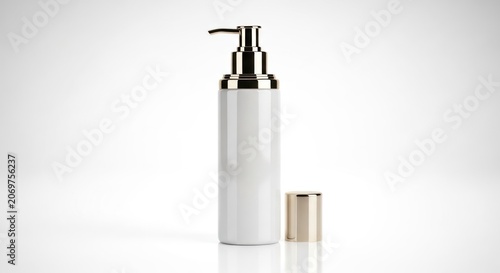 Elegant white cosmetic dispenser bottle with golden pump and cap on a bright surface