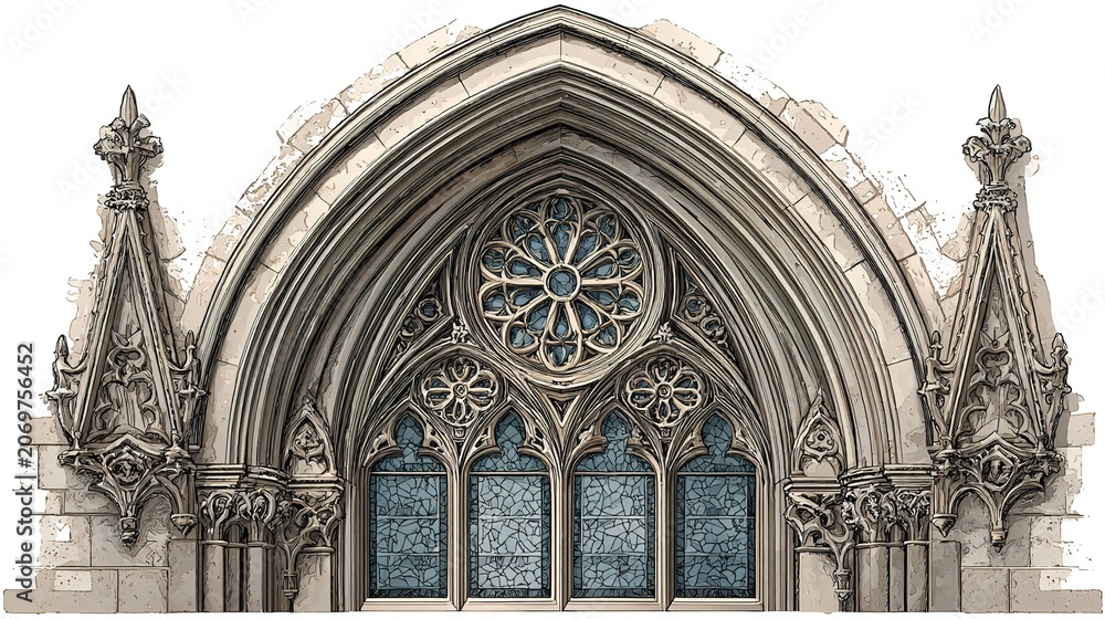 Fototapeta premium Gothic church window with intricate stone carvings and stained glass