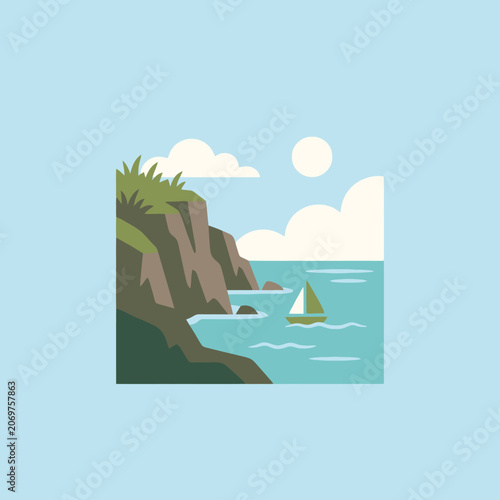 A small sailboat glides past steep coastal cliffs
