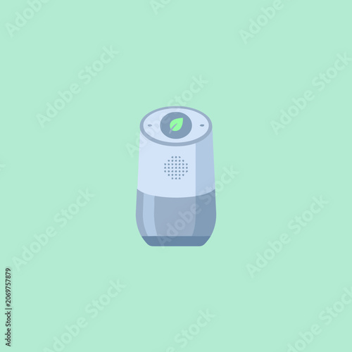 A modern smart speaker device sits on a solid pastel background