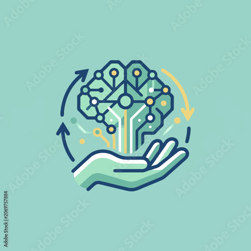 A digital brain icon held in a hand on a solid background