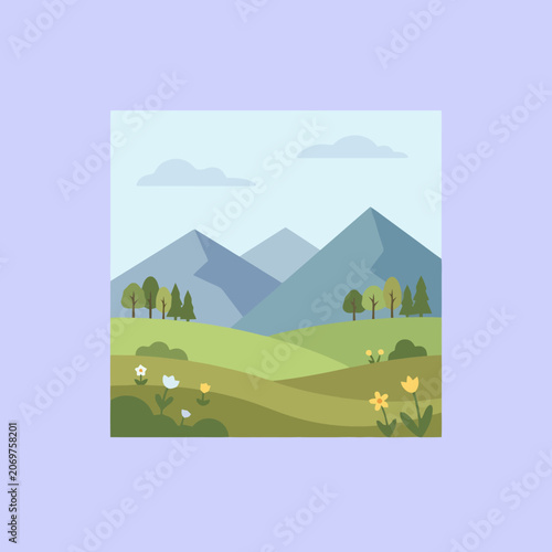 Flat vector landscape with blue mountains
