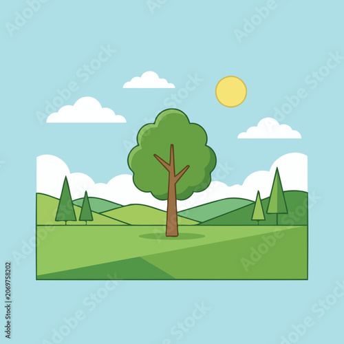 A simple green tree stands in a sunny field