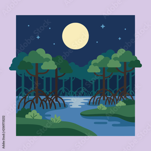 A full moon shines over a quiet mangrove forest river