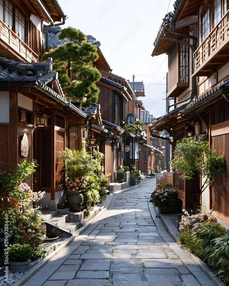 Fototapeta premium Narrow Street in Kyoto with Traditional Machiya Wooden Houses Surrounded by Lush Greenery and Blossoms
