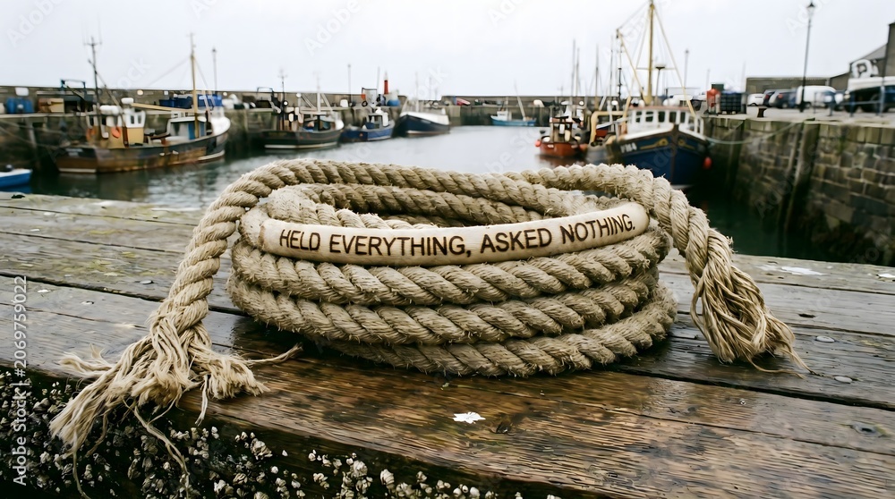 Fototapeta premium A coiled harbor rope bearing the inscription 