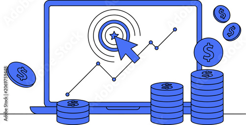 Digital marketing success: laptop, target, graph, and coins for web banner social media banner business presentation marketing meterial.