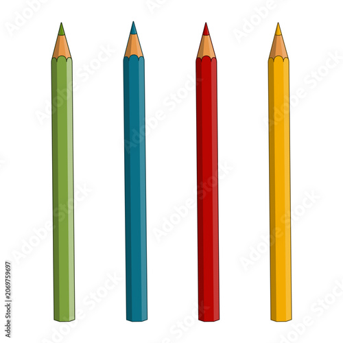 Set of four colorful wooden pencils isolated on transparent background.
