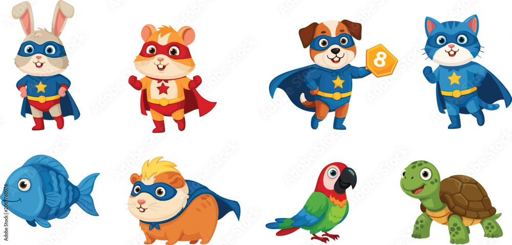 Obraz premium Cute Superhero Animal Characters Collection with Rabbit Hamster Dog Cat Parrot and Turtle