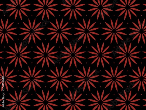 Striking seamless pattern with bold red floral star shapes arranged evenly on solid black background perfect for fashion textiles and decor