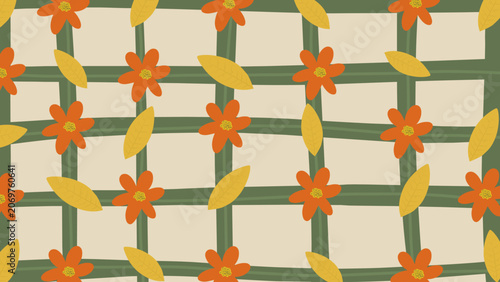 Seamless floral pattern vector with orange flowers and yellow leaves on a cream checkered grid background, cute hand drawn doodle ornament texture for wrapping paper textile print