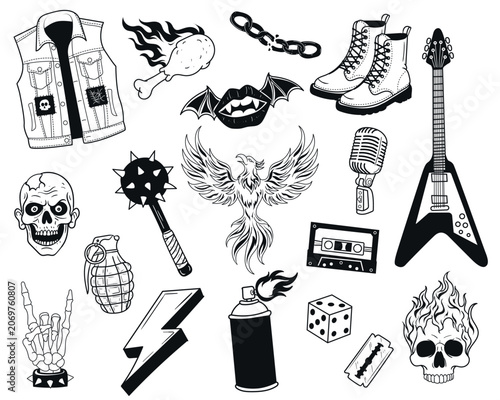 Pop punk rock icon vector set in flat line art style with skull, guitar, and microphone for alternative music grunge concept isolated on white background.