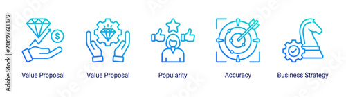 Obraz na płótnie Business value icon set featuring value proposition,strategy,popularity and accuracy concepts for marketing,branding and business development projects