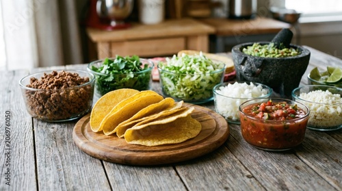Mexican Taco Bar with Corn Shells Fresh Salsa and Guacamole Served on a Rustic Wooden Table
