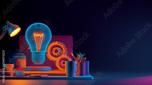Vibrant Colorful Silhouette of Light Bulb and Laptop Symbolizing Innovation Technology and Creative Thinking