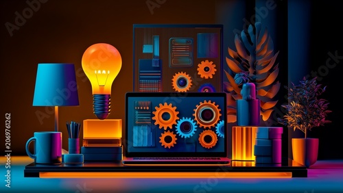 Vibrant Colorful Silhouette of Light Bulb and Laptop Symbolizing Innovation Technology and Creative Thinking