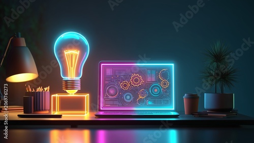 Vibrant Colorful Silhouette of Light Bulb and Laptop Symbolizing Innovation Technology and Creative Thinking