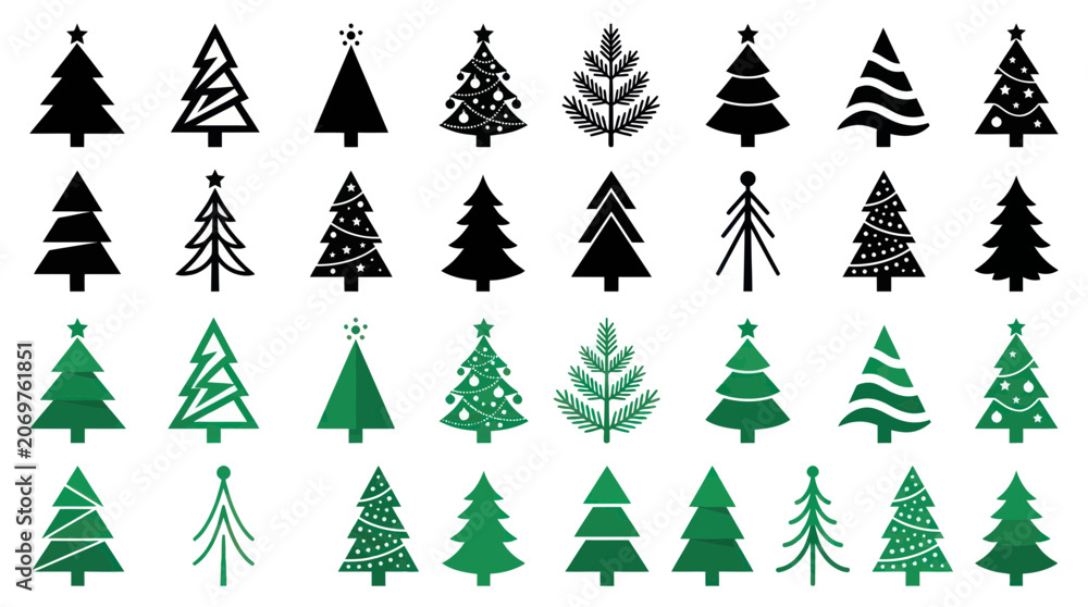Obraz premium Minimalist christmas tree icons in black and green colors