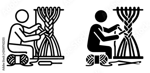 Crafting Icon Set: Person Weaving Macrame, Knitting, and Crocheting with Yarn and Tools, Representing Handmade Textile Art and DIY Hobbies
