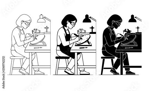 Artisan Crafting Vector Set: Detailed Illustration of Jeweler at Workbench, Multiple Styles for Creative Projects, Professional Handwork Graphics