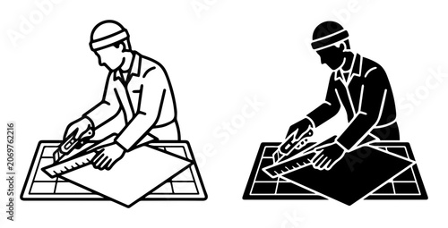 Construction Worker Cutting Material, Blueprint Layout, Industrial Craftsmanship, Vector Icon Set