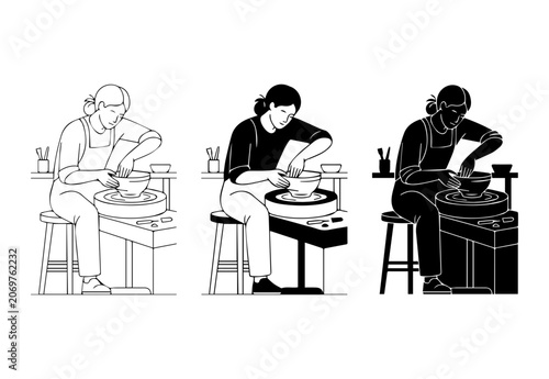 Ceramic Artistry Vector Set: Woman Potter Working on Wheel, Craftsmanship, Creative Process, Studio Scene, Line Art, Silhouette, Black and White