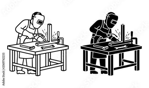 Welder at Work, Industrial Craftsmanship, Metal Fabrication, Skilled Laborer, Workshop Scene, Vector Illustration Set