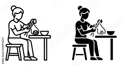 Crafting Hobby Icon Set: Woman Knitting, Yarn, Bowl, Table, Stool, Outline & Silhouette Styles, Crafting Activity Vector Graphics for DIY, Handmade Projects, Leisure Time