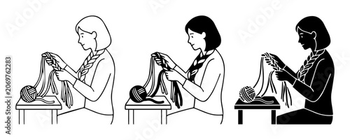 Woman Knitting, Crafting Hobby, Handmade Textile Art, Creative Leisure Activity, Three Styles: Outline, Filled, Silhouette