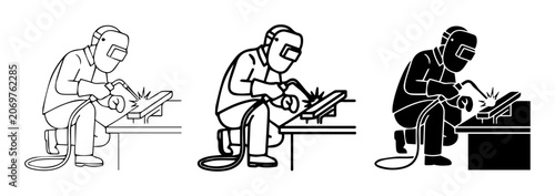 Welding Icon Set: Skilled Welder Performing Metalwork, Industrial Craftsmanship, Safety Gear, Sparks Flying, Vector Graphics for Manufacturing and Construction