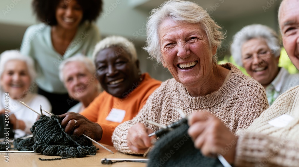 Fototapeta premium A happy group of senior people knitting together in a community center, featuring soft textured yarn and warm for elderly care and lifestyle content