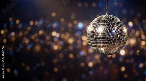 Sparkling disco ball hanging against a blurry bokeh background